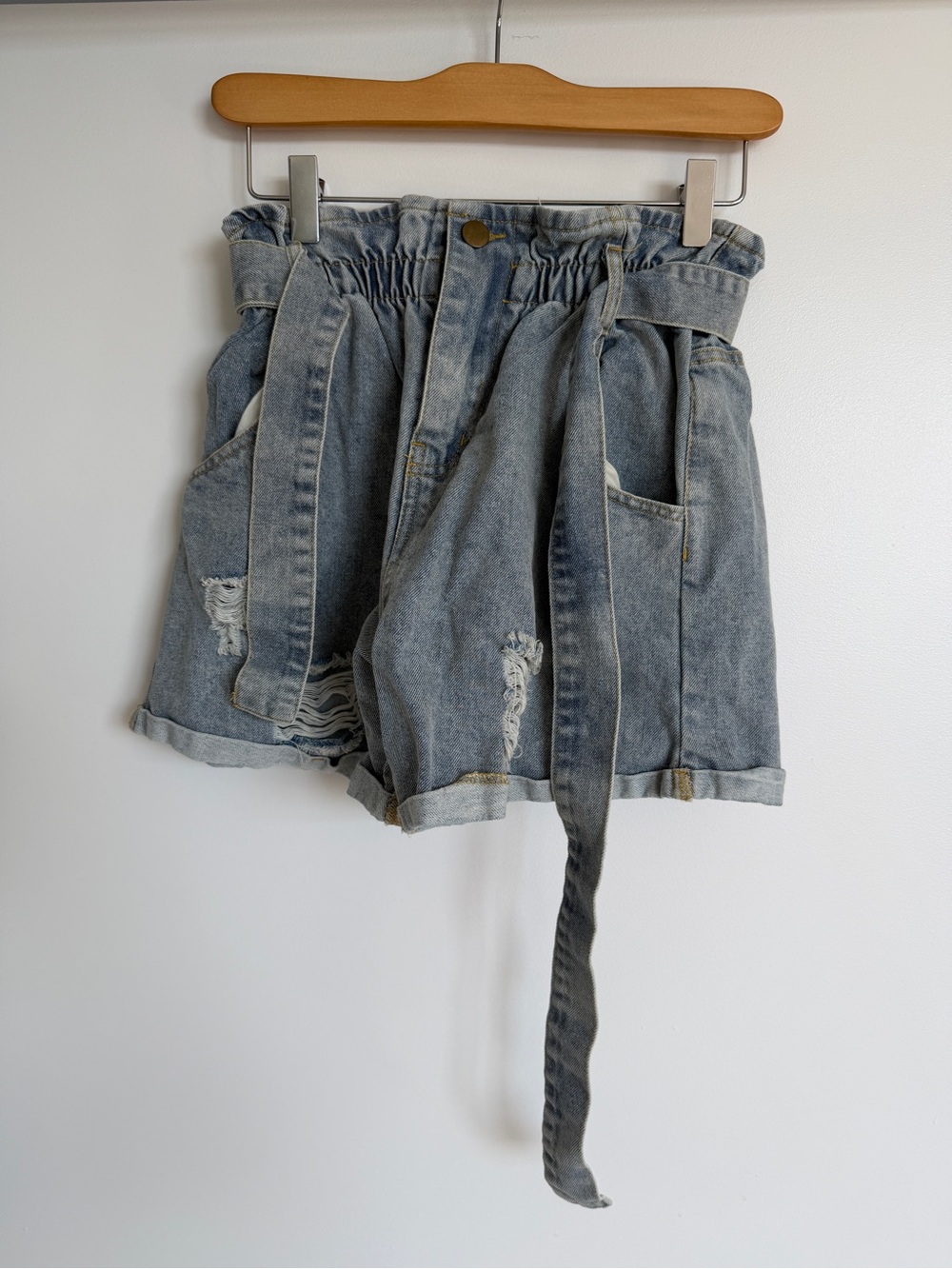 High-Rise Light Wash Paperbag Denim Shorts with Tie Belt